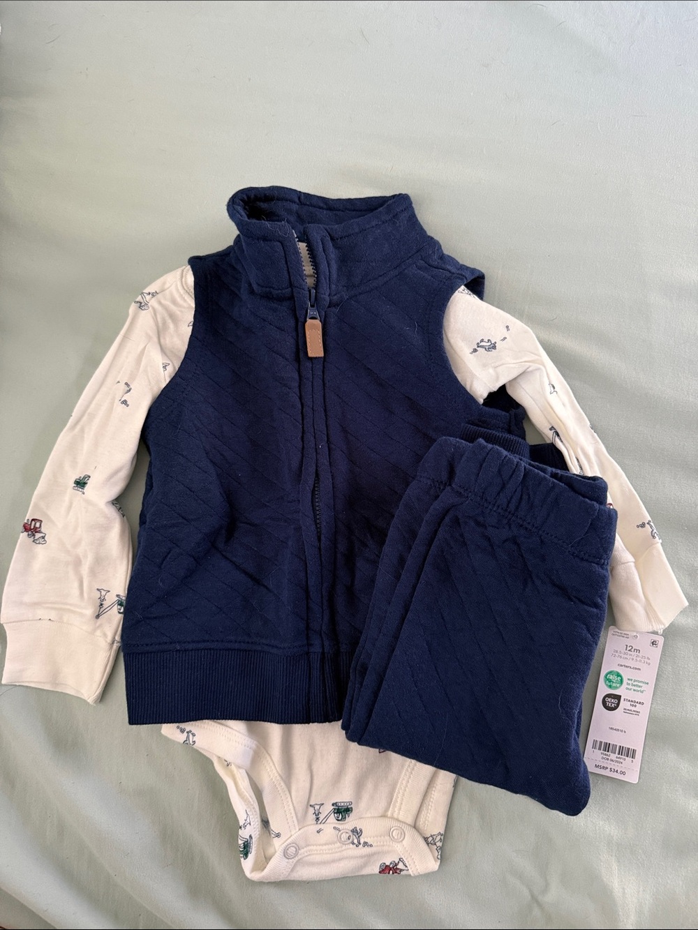 Carter's Navy Blue Quilted Vest and Pants Set with Printed Cream Bodysuit